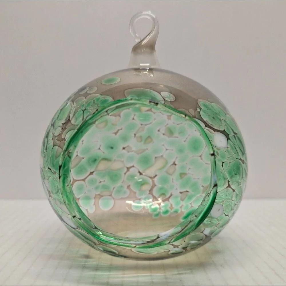 Hand-blown Fused Glass Tea Light Hanging Candle Holder Green/White